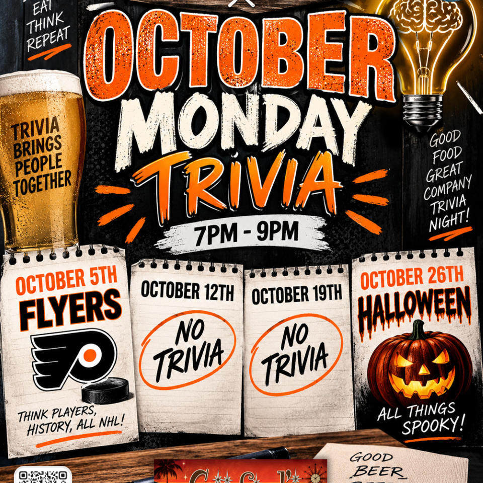 Crawford’s October Monday Trivia poster announces 7–9 PM events, featuring beer, a lightbulb, trivia dates, and Halloween imagery.