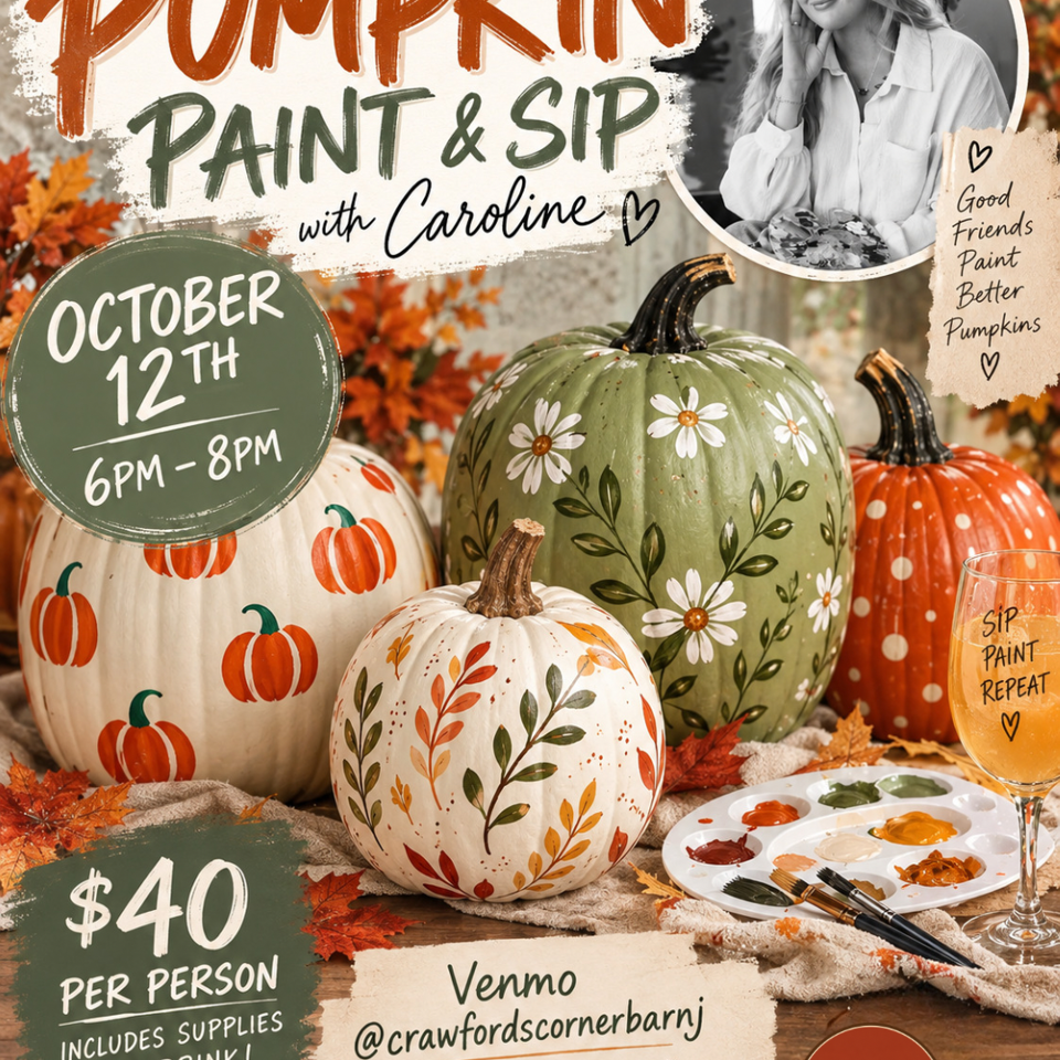 Promotional graphic for a pumpkin paint-and-sip event featuring painted pumpkins, art supplies, autumn leaves, and event details.