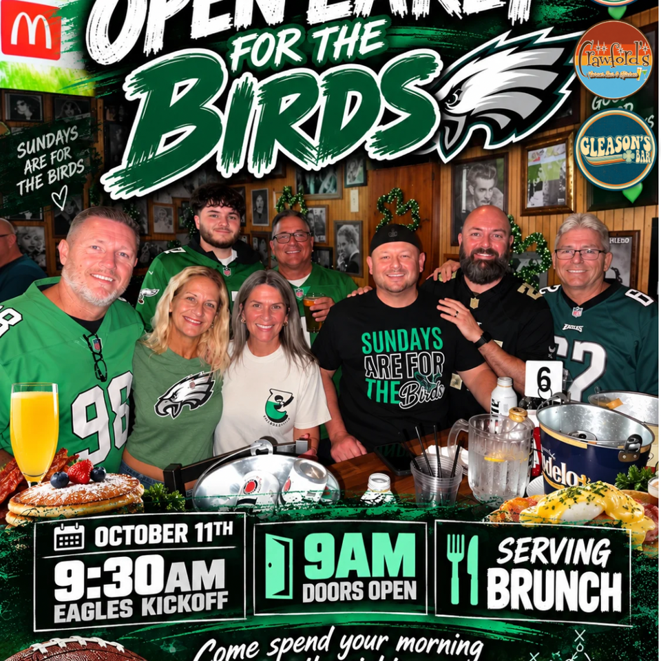 Eagles fans pose in a sports bar with brunch, drinks, and football décor beneath an “Open Early for the Birds” event banner.