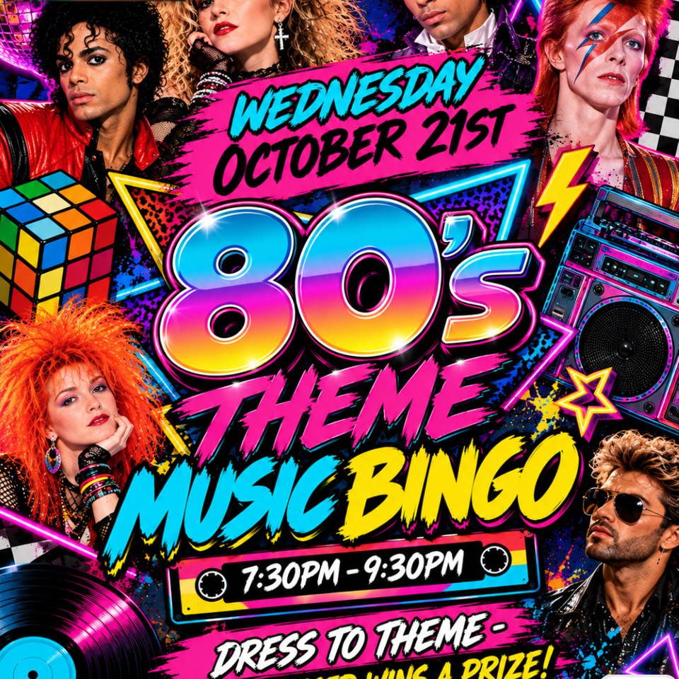 Colorful Flawford’s 80s-themed music bingo poster featuring retro performers, boombox, Rubik’s cube, disco ball, and event details.