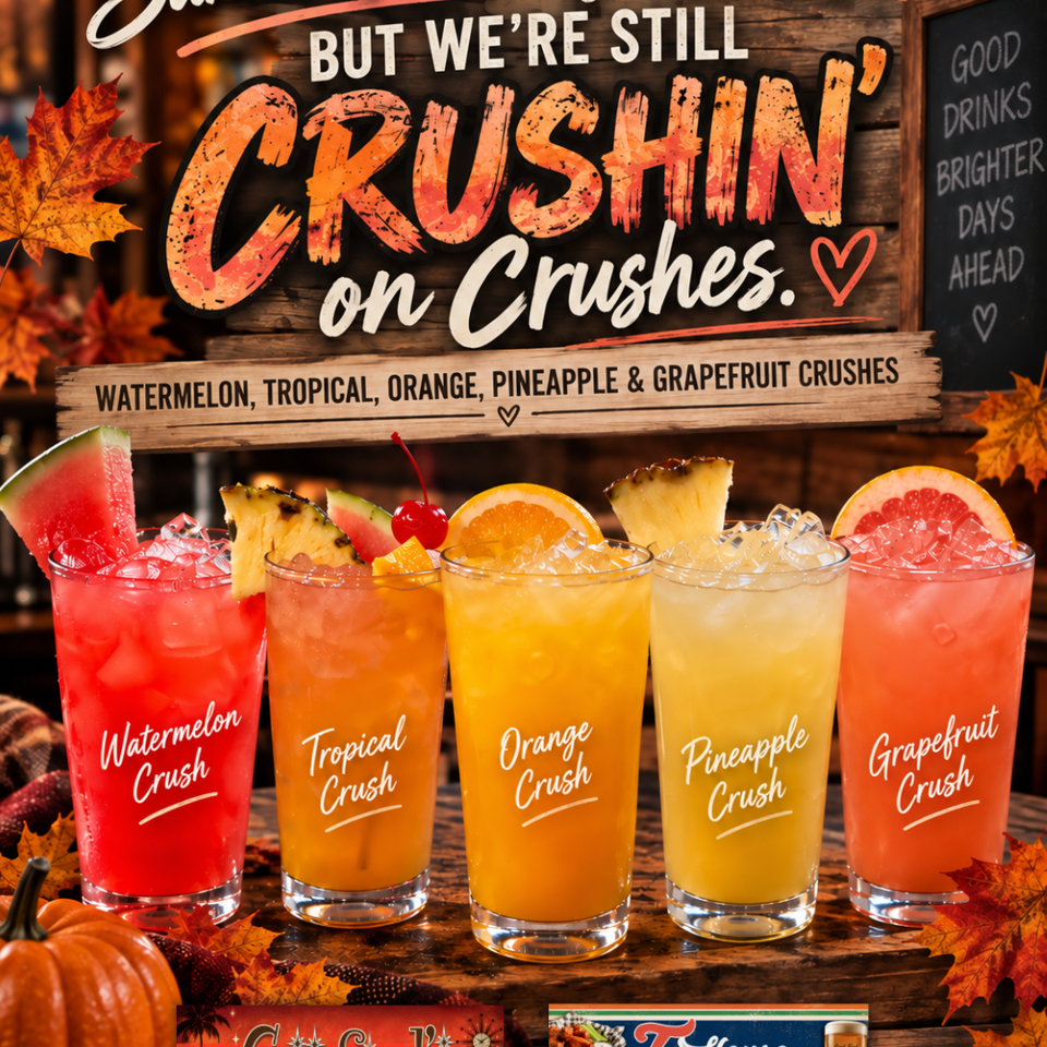 Five colorful crushed-ice cocktails—watermelon, tropical, orange, pineapple, and grapefruit—displayed with fruit garnishes in a rustic autumn tavern setting.