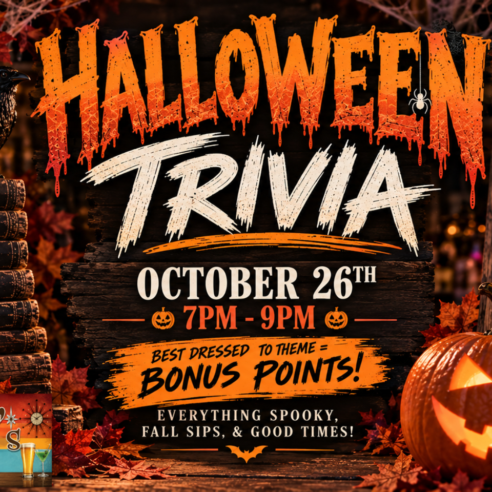 Halloween trivia event poster for Lawlor’s Corner Bar & Kitchen, advertising October 26 from 7–9 PM amid pumpkins, ravens, and spooky décor.