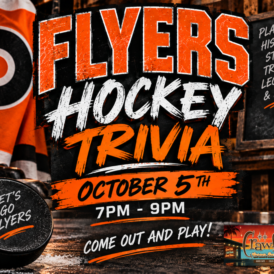Flyers Hockey Trivia event poster featuring hockey gear, beer, October 5th date, and Crawfords Corner Bar branding.