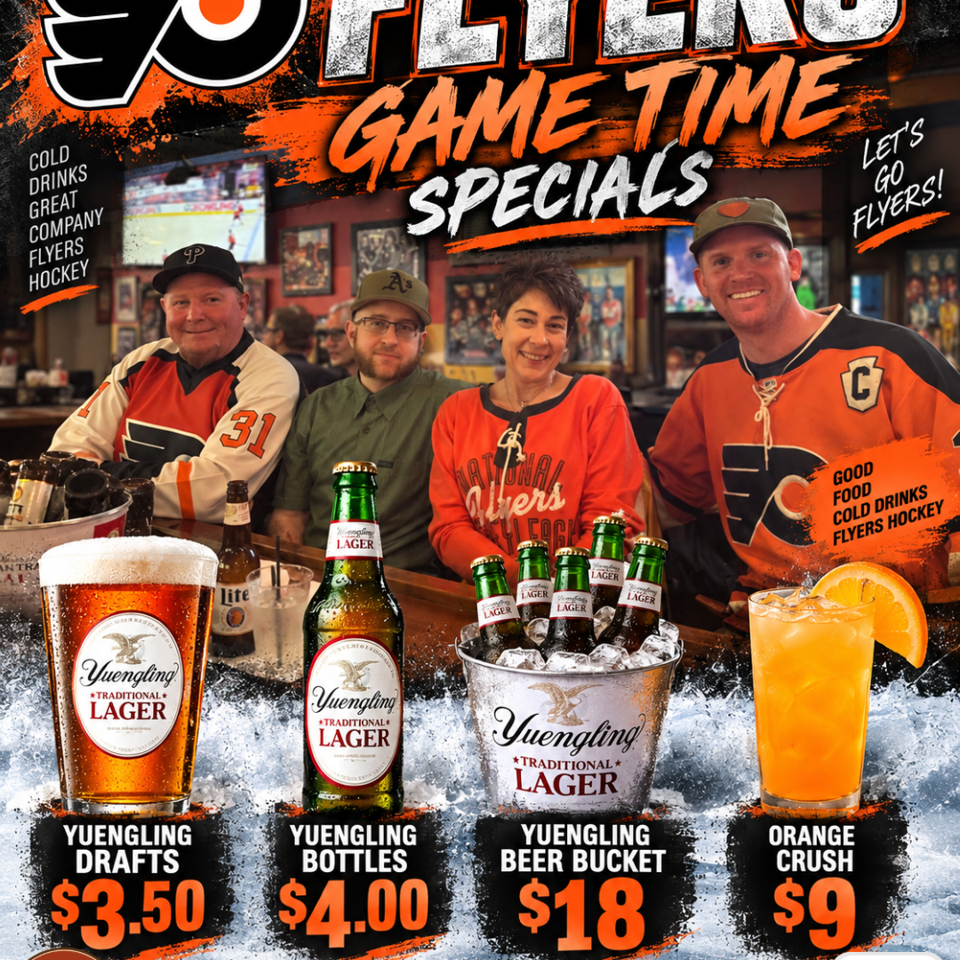 Flyers hockey bar promotion featuring four friends, Yuengling beers, an orange crush cocktail, and game-time drink specials.