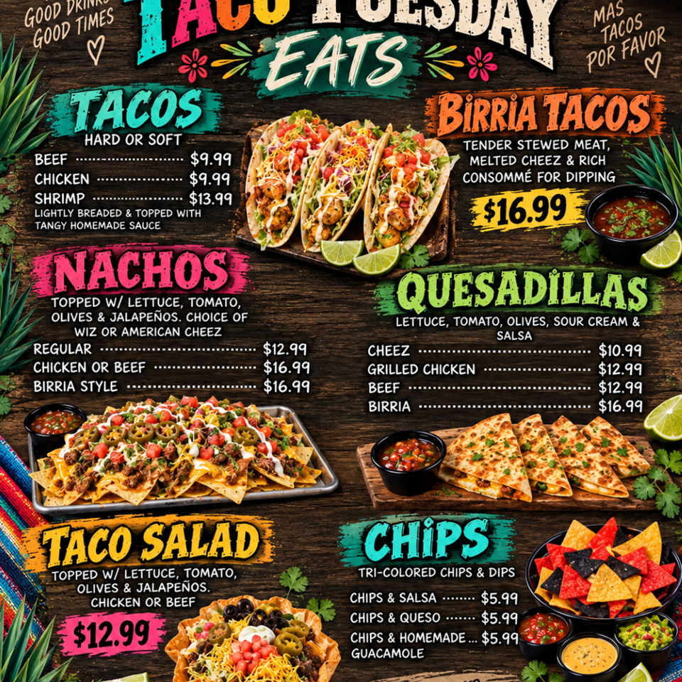 Colorful Crawfords Mexican menu featuring tacos, birria tacos, nachos, quesadillas, taco salad, chips, dips, and prices.