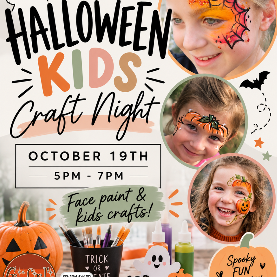 Halloween Kids Craft Night flyer featuring children with spooky face paint, pumpkins, craft supplies, and event details for October 19th, 5–7 PM.