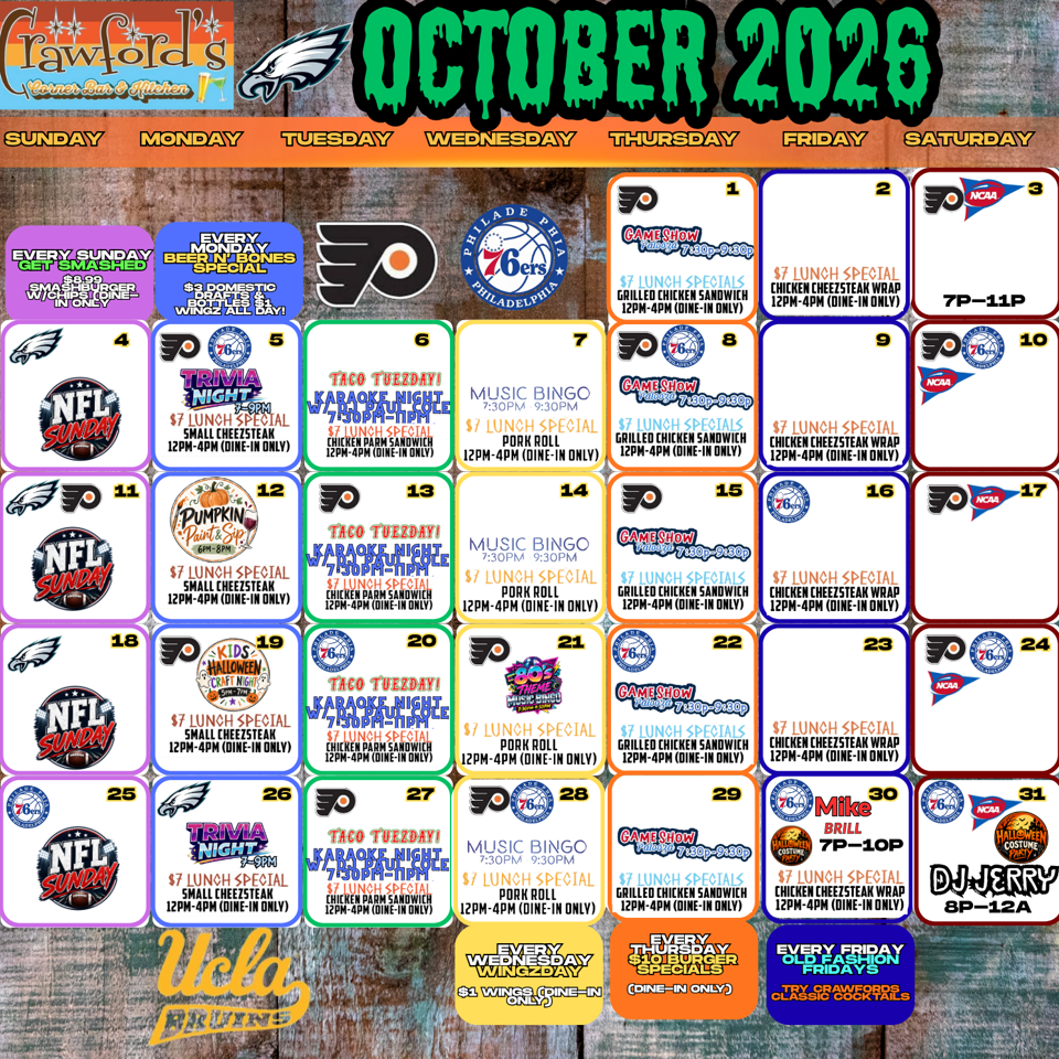 October 2025 event calendar for Crawford’s Tavern featuring weekly food specials, sports events, trivia, karaoke, bingo, and Halloween parties.