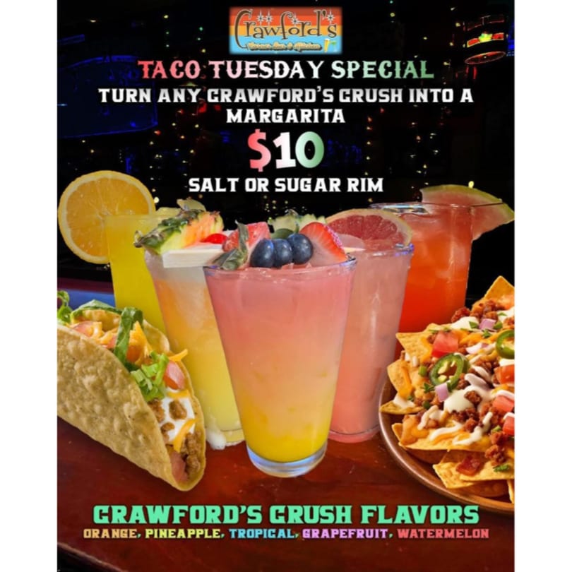 Crawford's Corner Bar & Kitchen's Taco Tuesday special with tacos, nachos, and colorful margaritas.