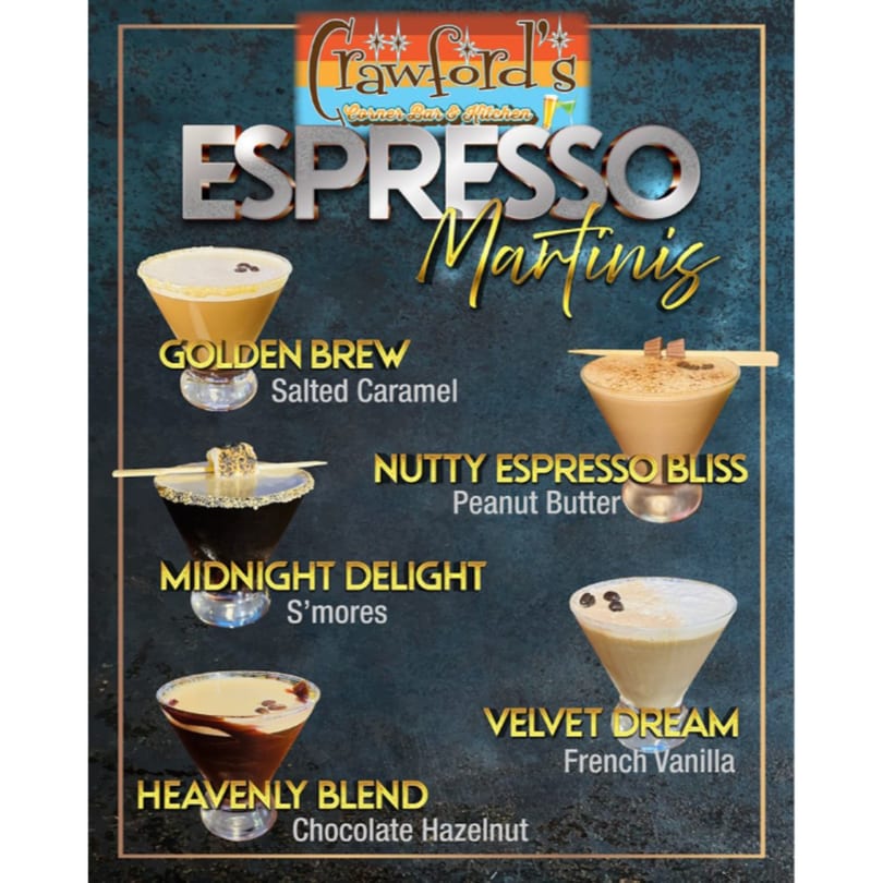 Crawford's Corner Bar & Kitchen menu features five espresso martinis: Golden Brew, Nutty Espresso Bliss, Midnight Delight, Heavenly Blend, and Velvet Dream.