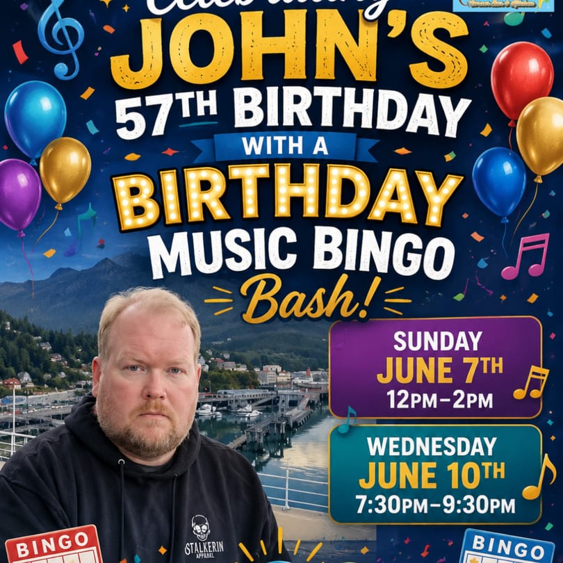 John's 57th Birthday Music Bingo Bash flyer with John, balloons, and event details.