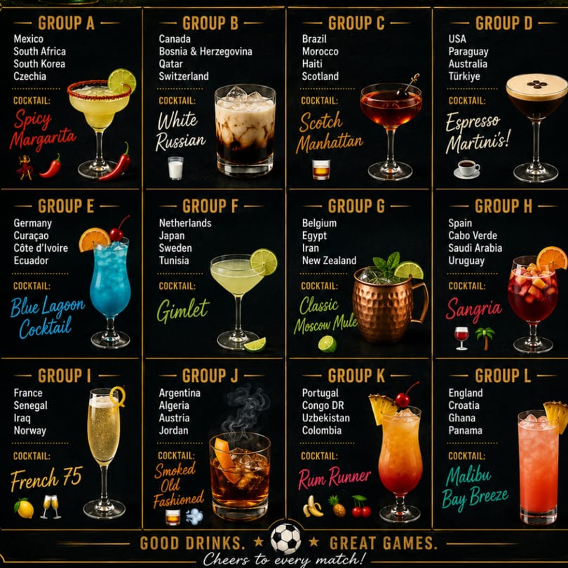 A menu board displaying twelve different cocktails, each paired with a group of countries.