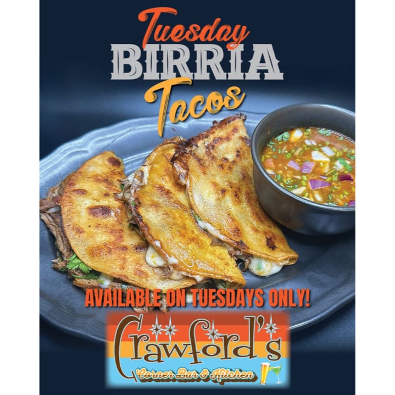 Three cheesy birria tacos with a side of consommé on a dark plate, advertising "Tuesday Birria Tacos".