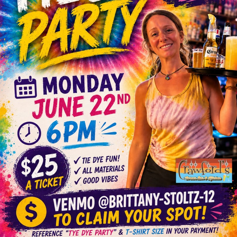 A smiling woman in a tie-dye shirt holds a tray with beers, advertising a tie-dye party.