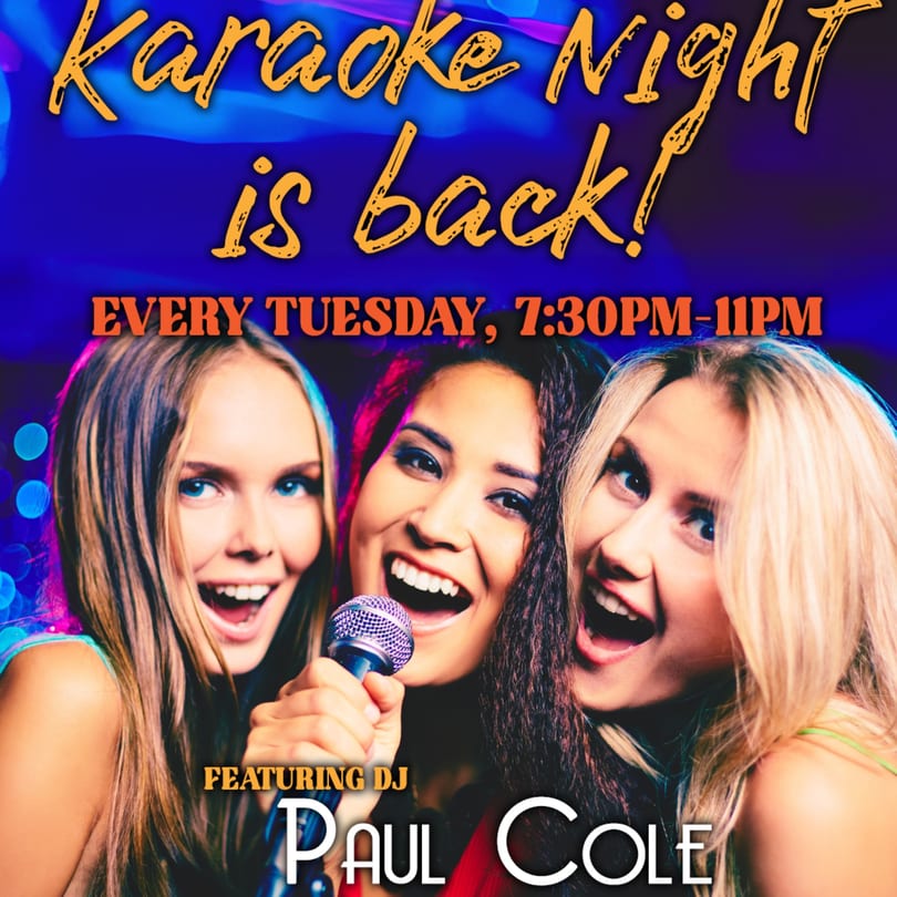 Three smiling women singing karaoke with a microphone, surrounded by colorful lights.