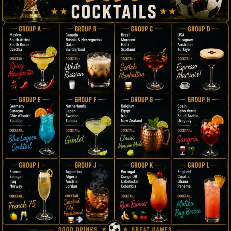 A menu of 12 cocktails, each paired with a country group and garnished appropriately.