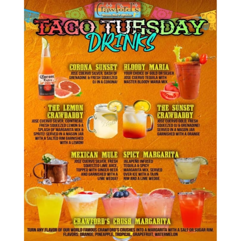 A menu for Crawford's Corner Bar & Kitchen's Taco Tuesday Drinks, featuring various cocktails and margaritas.