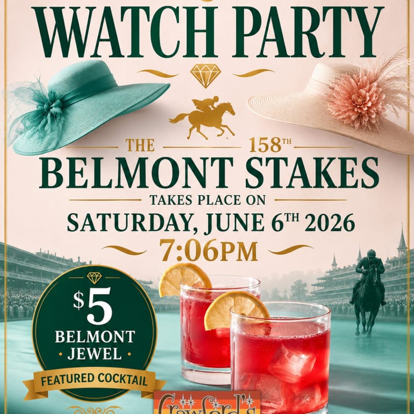 Belmont Stakes watch party advertisement with two ornate hats, a racehorse, and two red cocktails.