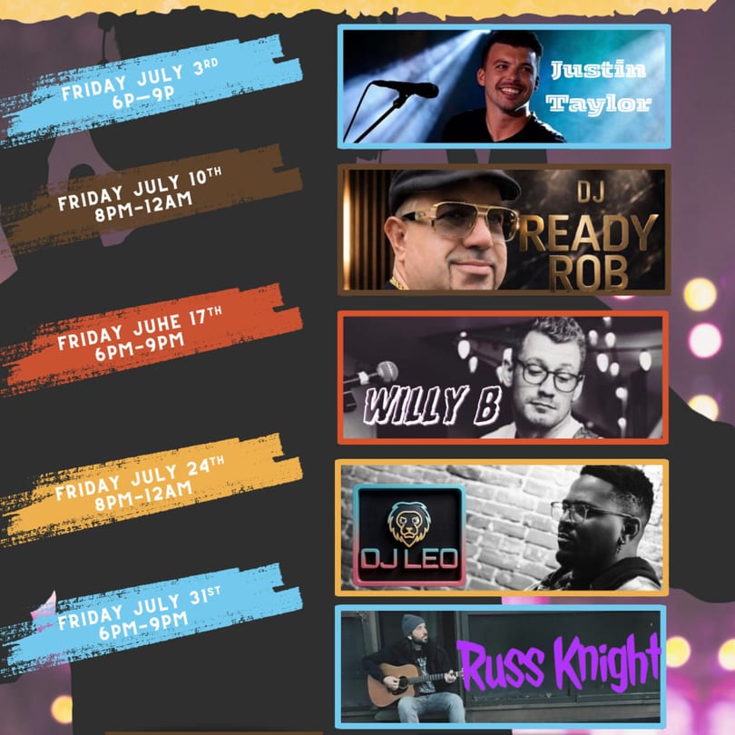 A promotional poster for five musical acts: Justin Taylor, DJ Ready Rob, Willy B, DJ Leo, and Russ Knight.