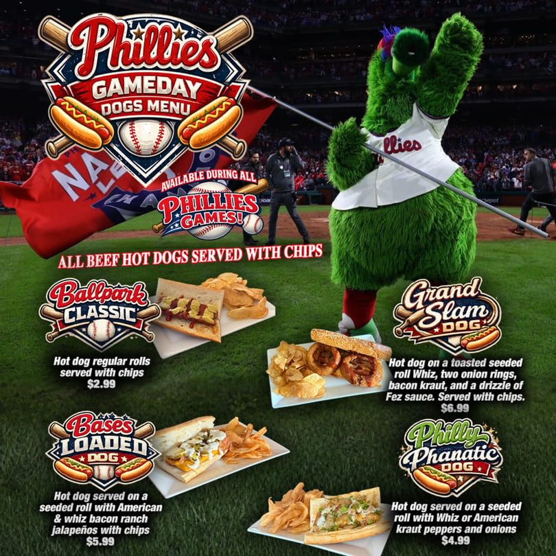 Phillies Gameday Dogs Menu with four hot dog varieties and the Phillie Phanatic mascot on a baseball field.