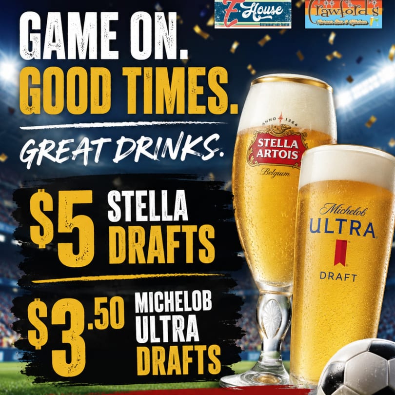 Stella Artois and Michelob Ultra beer glasses with a soccer ball on a stadium background.