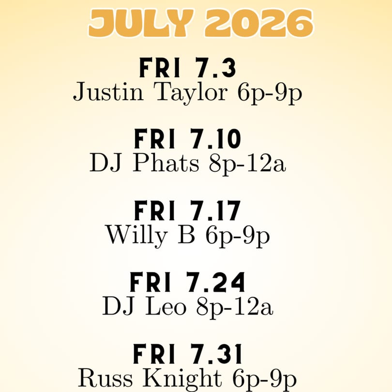A calendar listing of musical performances for July 2026, featuring various artists and DJs.