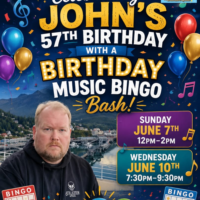 Promotional poster for John's 57th Birthday Music Bingo Bash, featuring a man and event details.