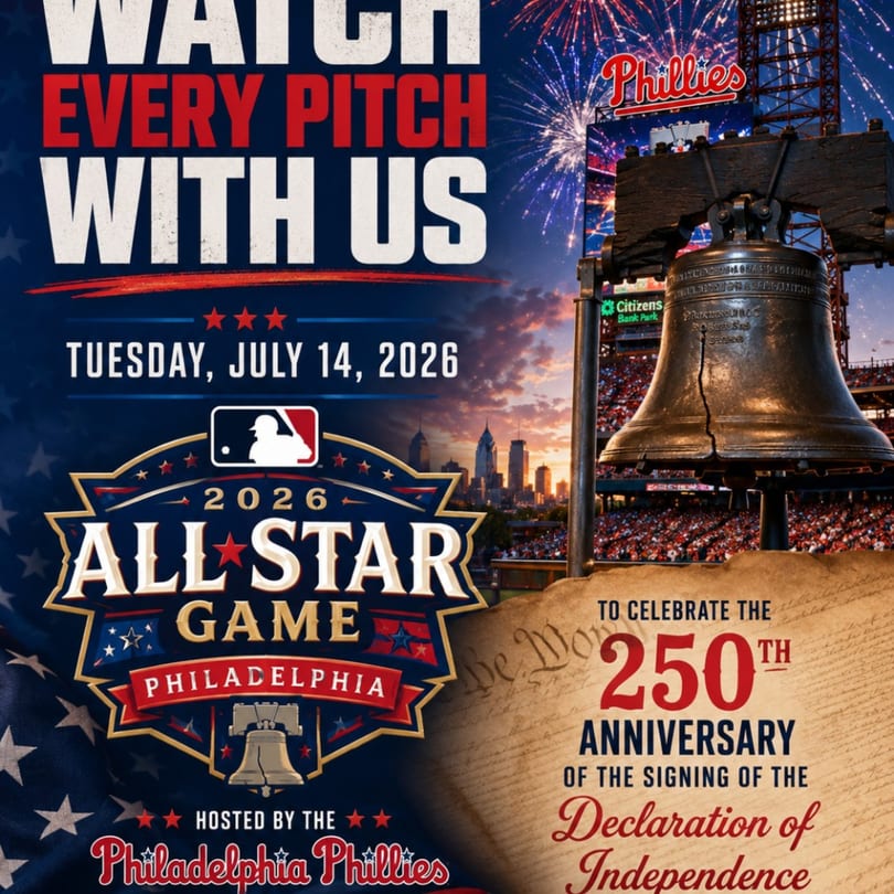 Promotional poster for the 2026 MLB All-Star Game in Philadelphia, featuring the Liberty Bell and fireworks.