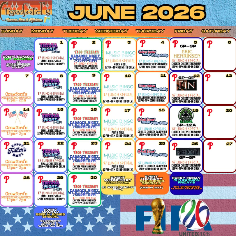 A June 2026 calendar for Crawford's Corner Bar & Kitchen, detailing daily specials and events.