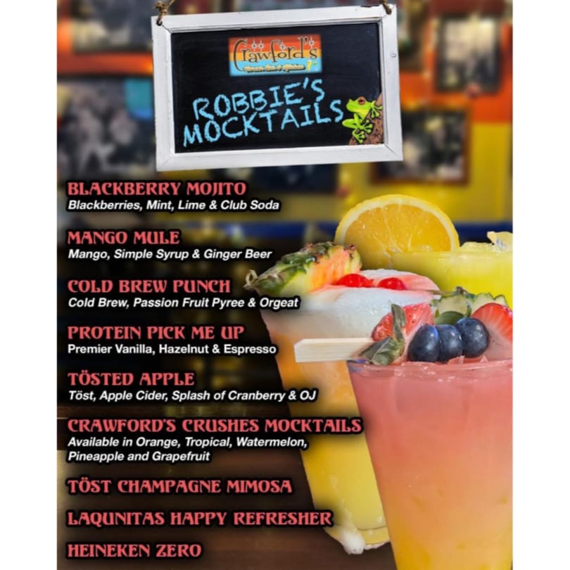 A chalkboard menu for Crawford's "Robbie's Mocktails" with colorful drinks in the foreground.