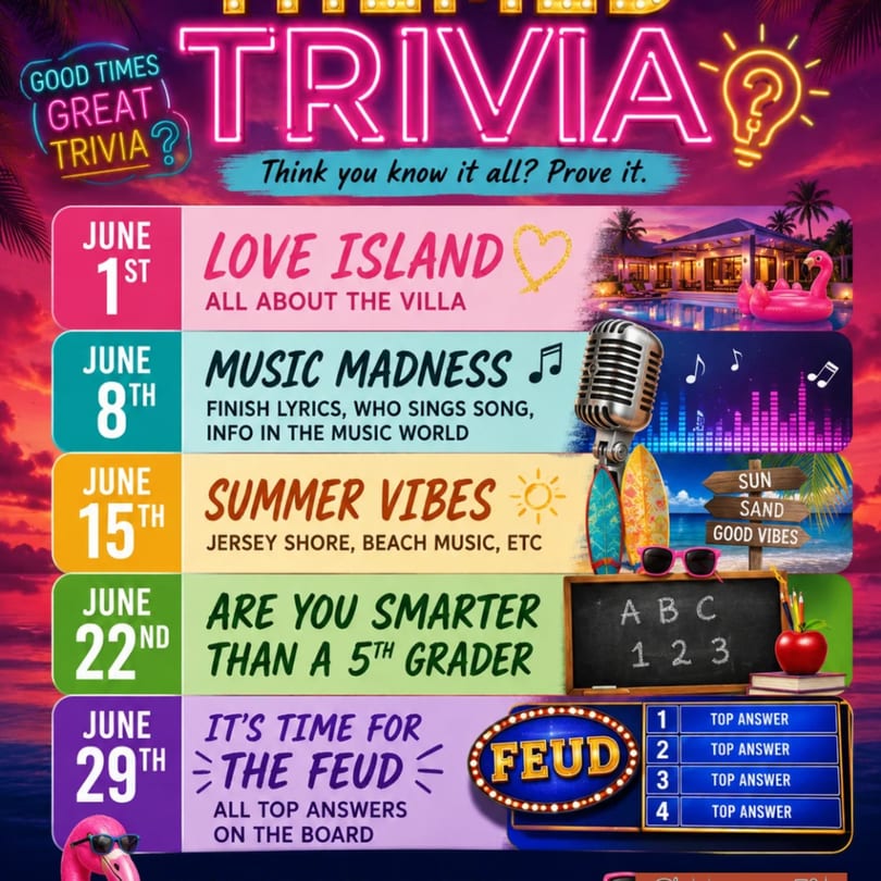 A colorful graphic promoting June trivia nights with themes like Love Island, Music Madness, and Family Feud.