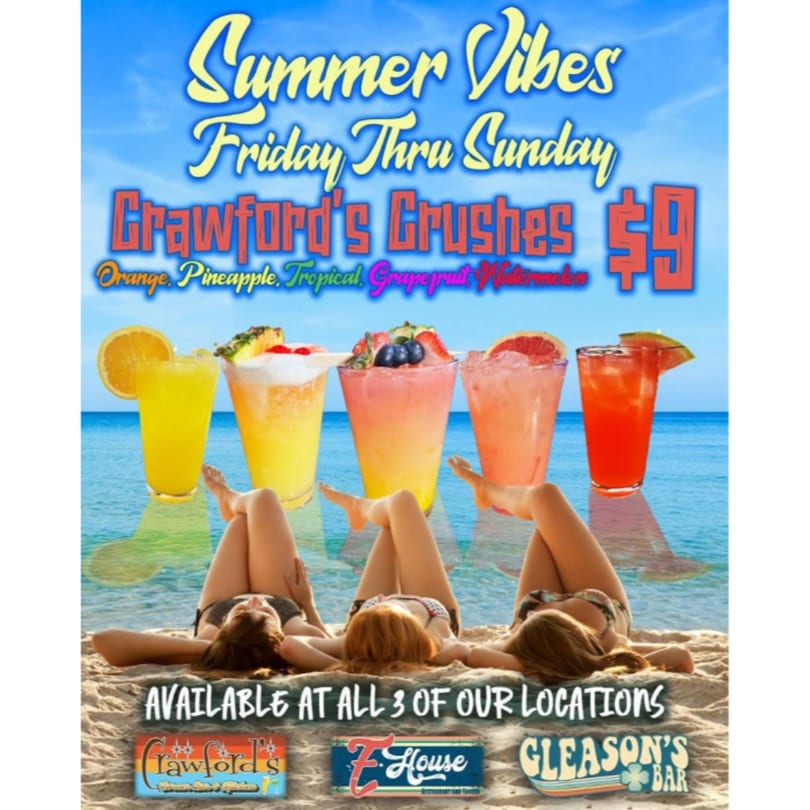 Crawford's Crushes ad with five colorful drinks and three women relaxing on a beach.