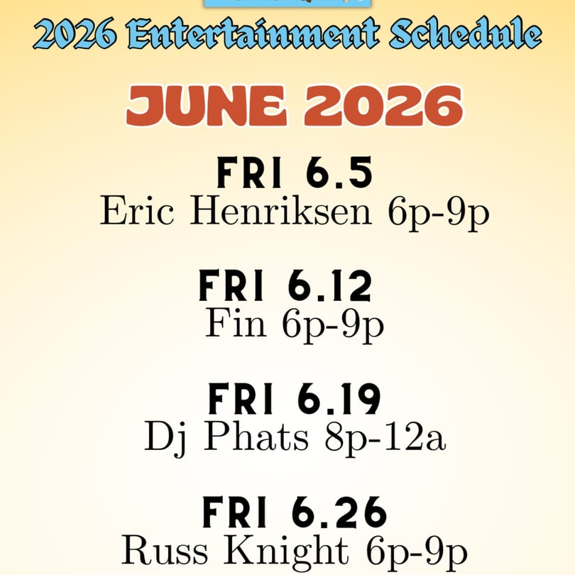 June 2026 entertainment schedule listing performers and times for Friday events.