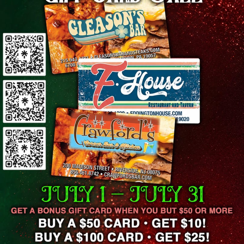 Three restaurant gift cards for Gleason's Bar, E. House, and Crawford's, with QR codes and promotional text.
