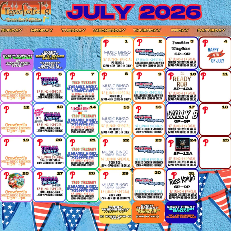 Crawford's Corner Bar & Kitchen July 2026 calendar of events and specials, with patriotic bunting.
