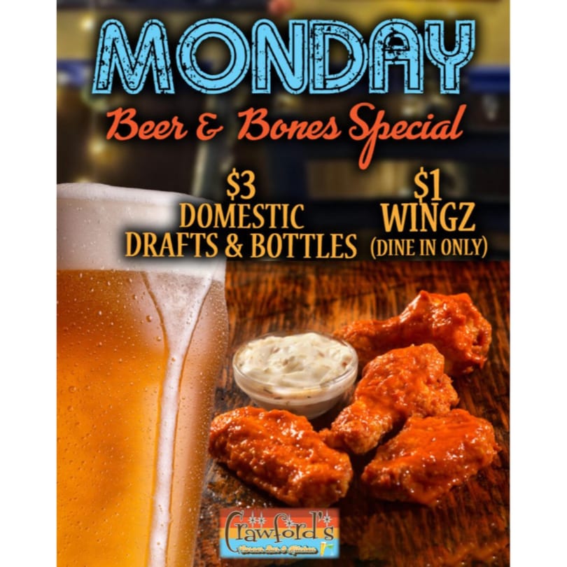 A Crawford's Corner Bar & Kitchen ad for Monday's Beer & Bones Special with beer and wings.