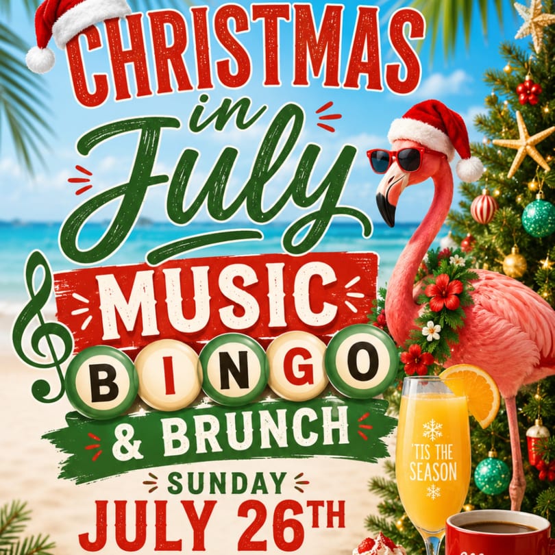 Christmas in July event poster with a flamingo in a Santa hat, Christmas tree, and drinks.