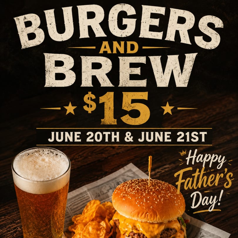 A "Burgers and Brew" ad with a cheeseburger, chips, and a glass of beer.