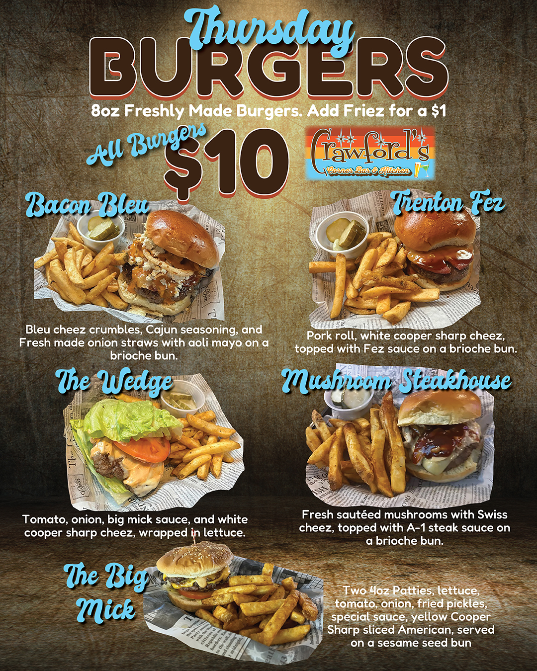 Thursday burgers menu.