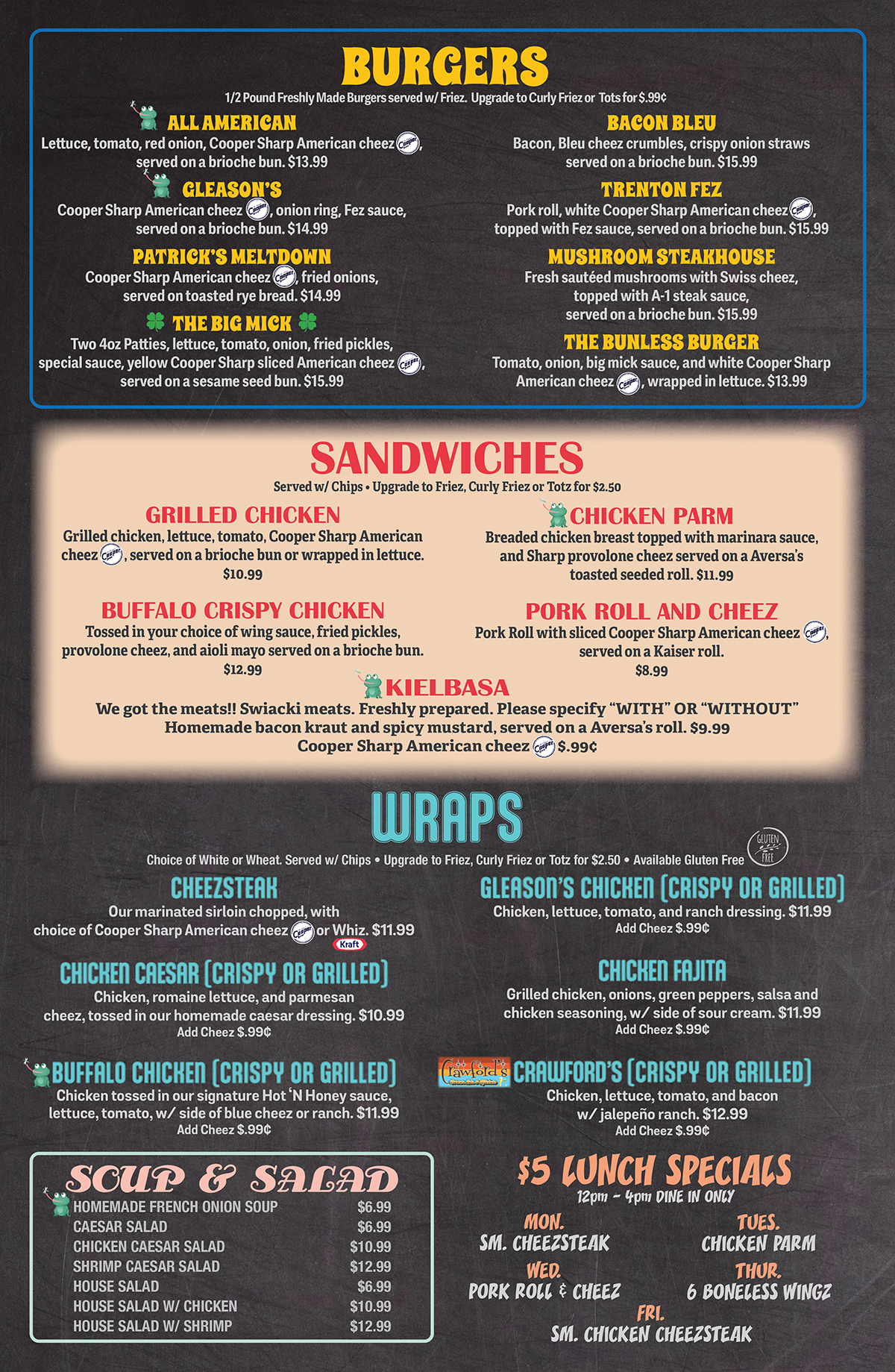 A menu for burgers and wraps.