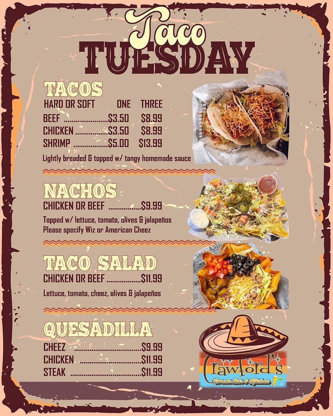 A colorful taco tuesday menu featuring various taco options with prices and images of taco meals, set against a textured, orange background with decorative elements.