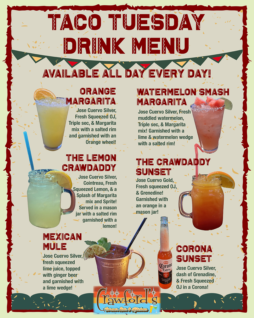 Taco tuesday drink menu.